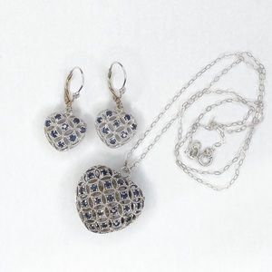 Genuine Blue Sapphire Heart Shaped Necklace & Earrings in Sterling Silver